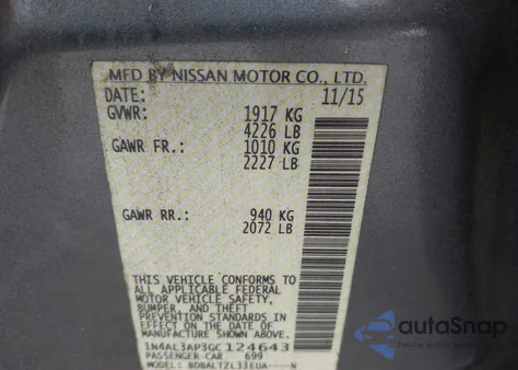 2016 Nissan Altima 2.5 Sl from USA, damaged, VIN 1N4AL3AP3GC124643